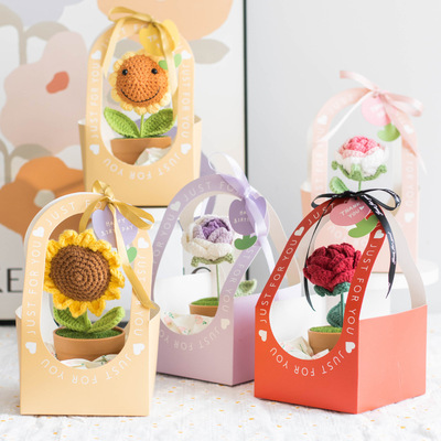 三花美学钩织毛线编织花束送礼物向日葵盆栽礼盒仿真七夕玫瑰盆栽