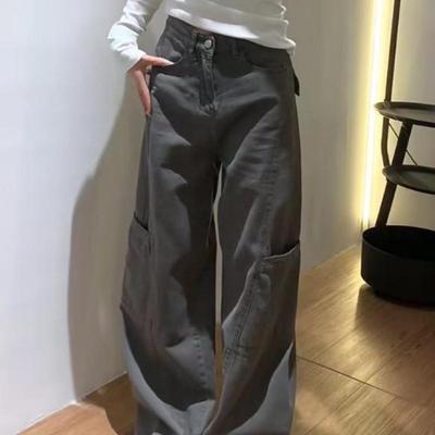 美式复古灰色工装裤女秋新款高腰宽松小个子阔腿显瘦直筒牛仔裤子
