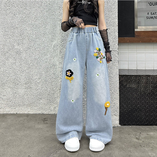 贝贝怡女童裤子春秋装儿童长裤大童夏阔腿裤男孩初中生直筒牛仔裤