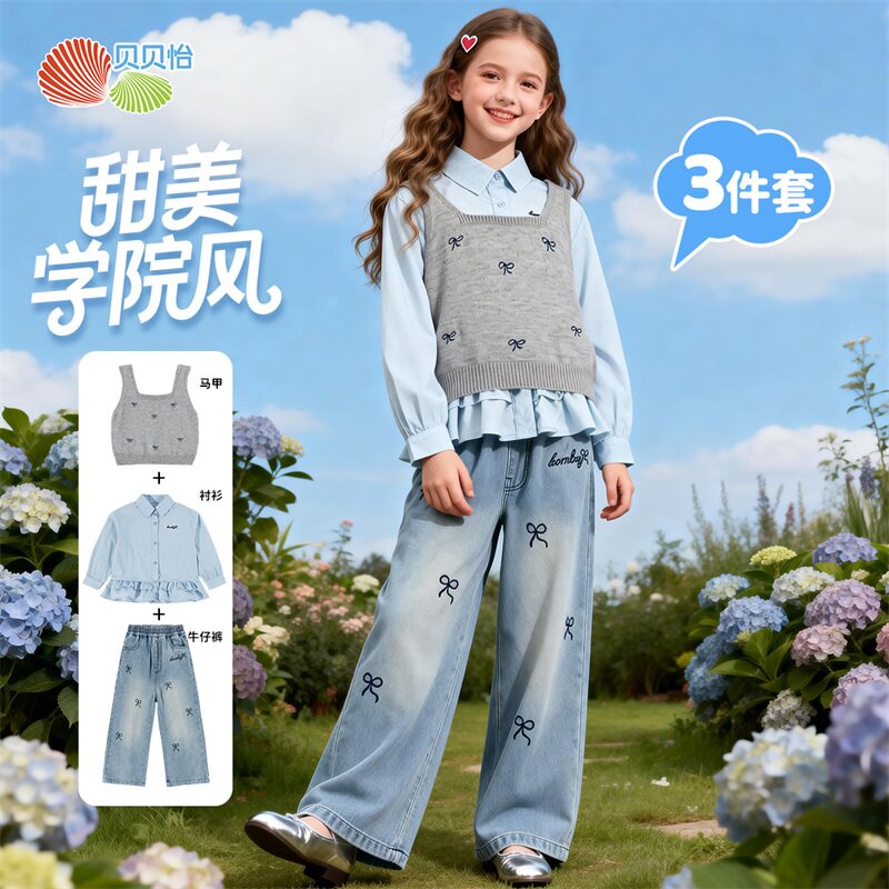 贝贝怡童装女童三件套套装学院风春秋儿童牛仔裤2026新款马甲衬衫