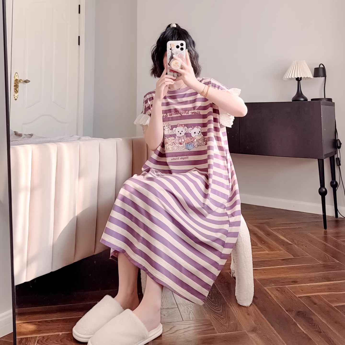HEARMES 蕾丝可爱纯棉睡裙女夏季短袖长裙子可外穿宽松睡衣家居服
