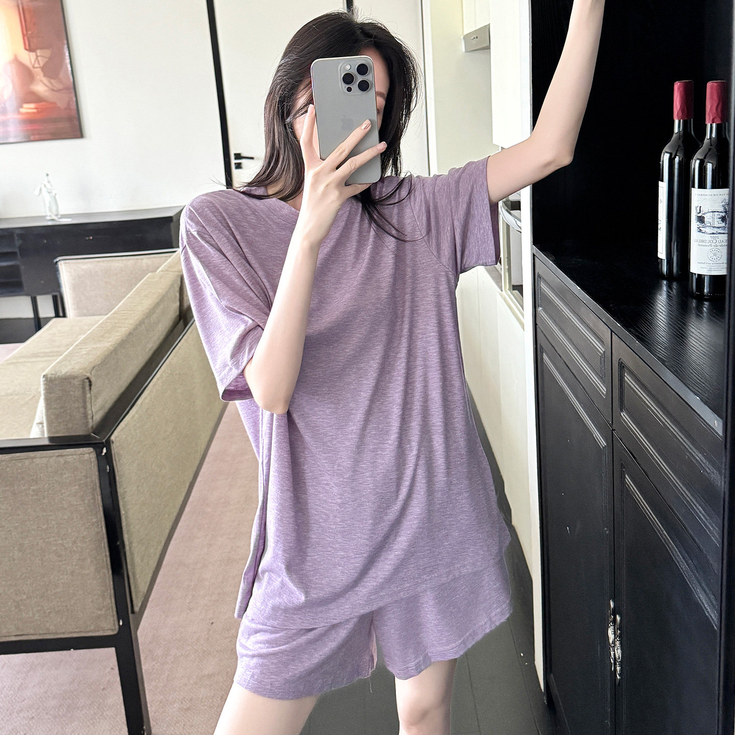 HEARMES 懒人睡衣女夏短袖短裤莫代尔圆领宽松慵懒风家居服两件套