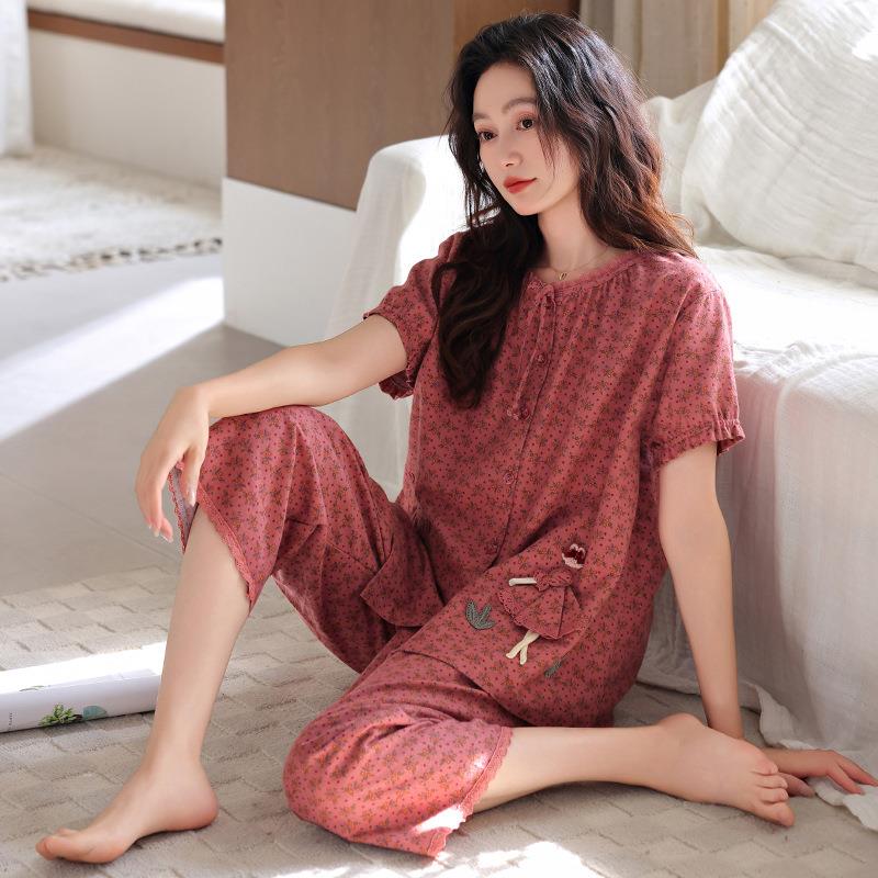 HEARMES 睡衣女夏季纯棉短袖七分裤夏天薄款全棉休闲大码可外穿家
