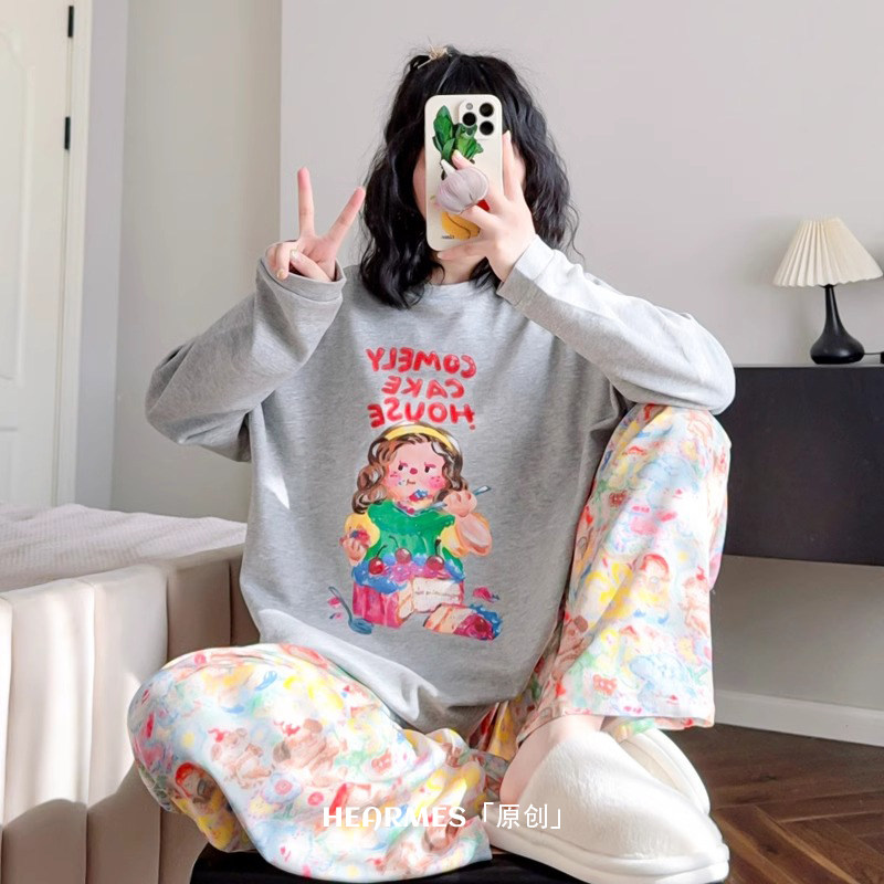 HEARMES 油画卡通纯棉睡衣女生秋冬季可外穿居家服可爱日系家居服