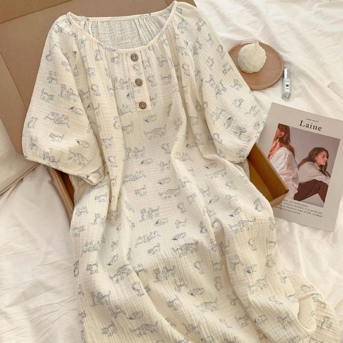 HEARMES 卡通双层棉纱睡裙女士夏季连衣裙甜女公主风家居服可外穿