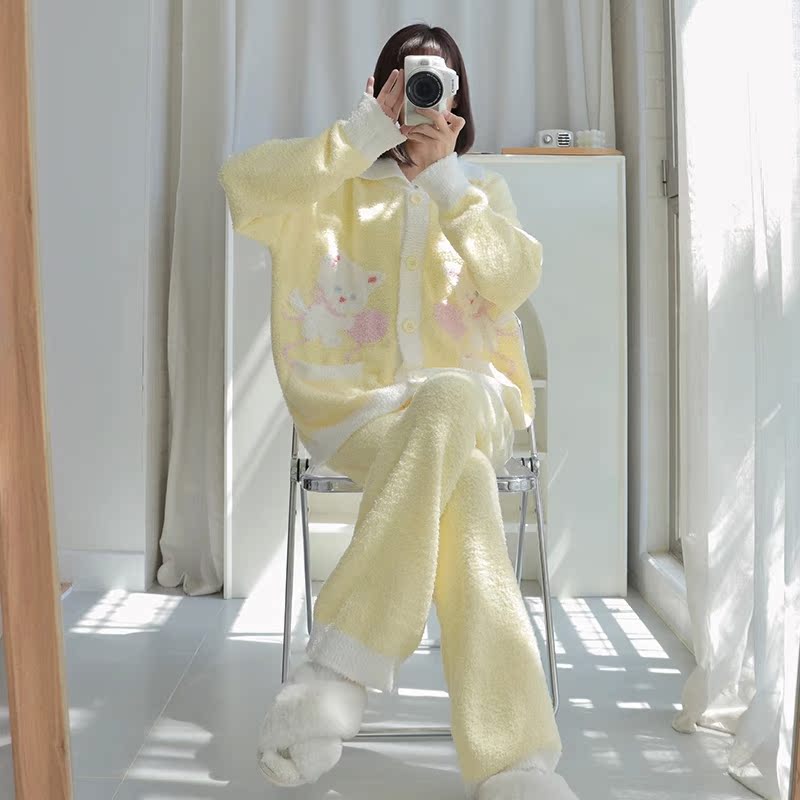 HEARMES 多巴胺睡衣女冬季小猫半边绒加厚加绒珊瑚绒可外穿家居服