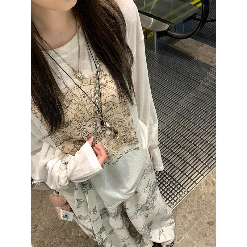 HEARMES 韩版风复古印花可外穿睡衣女夏季大码宽松长袖长裤家居服