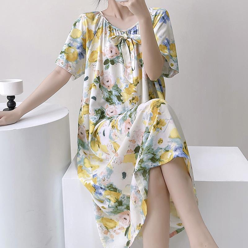 HEARMES 绵绸睡裙碎花甜美家居服夏天女士睡衣短袖连衣裙子夏薄款
