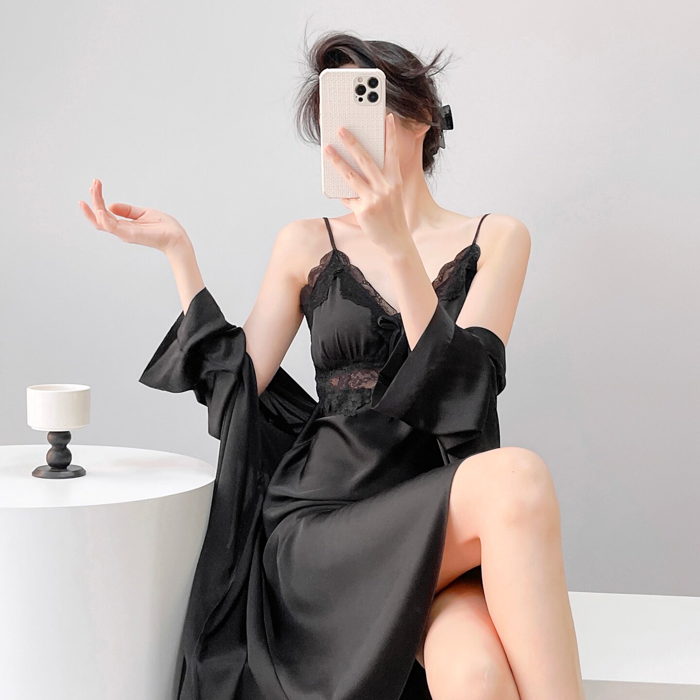 HEARMES 吊带睡裙睡袍女加长款性感纯欲高级感冰丝绸带胸垫家居服