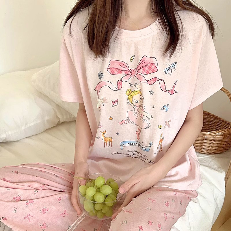 HEARMES 韩国可爱睡衣女款夏季蝴蝶结蕾丝短袖长裤夏天家居服套装