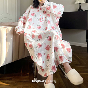 纯棉胖mm家居服 HEARMES 甜美睡裙女春秋长款 长袖 棉纱孕妇宽松大码