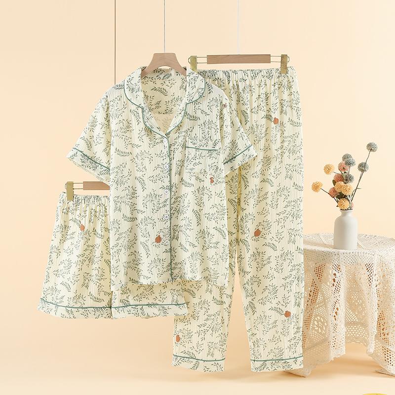 HEARMES 睡衣女春夏季双层纯棉纱柔软短袖长裤短裤居家服宽松大码