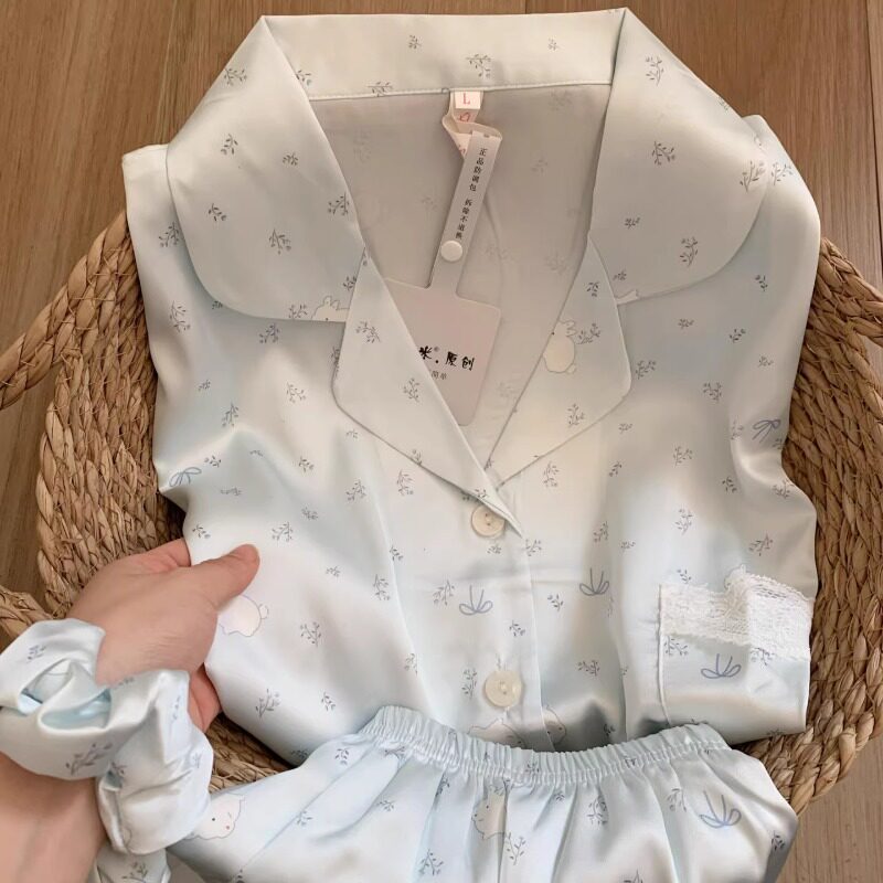 HEARMES 韩版碎花小兔兔夏季冰丝睡衣女款短袖短裤凉感家居服套装