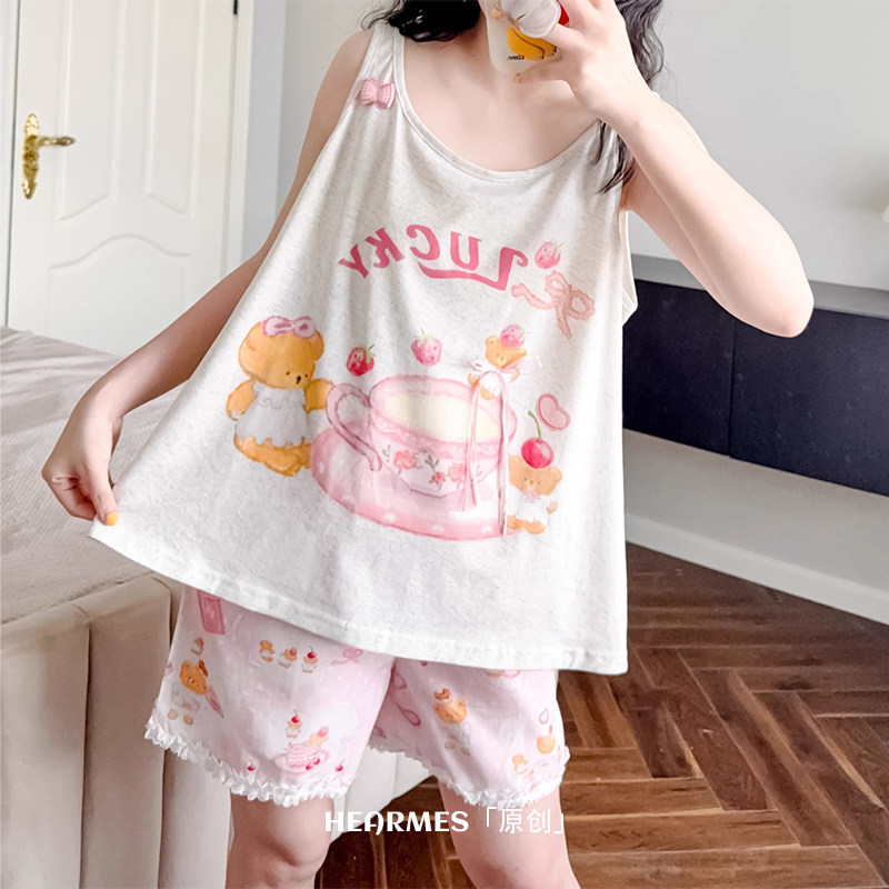HEARMES 日系甜美睡衣女夏纯棉可外穿吊带背心短裤套装可爱家居服