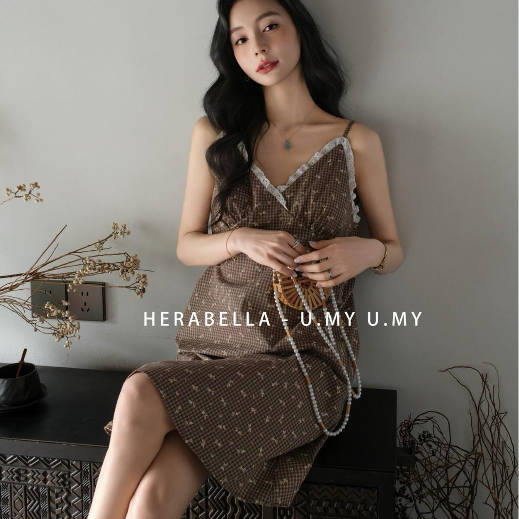 HEARMES 夏季新品小吊带裙纯棉小碎花格子家居服甜美睡裙薄