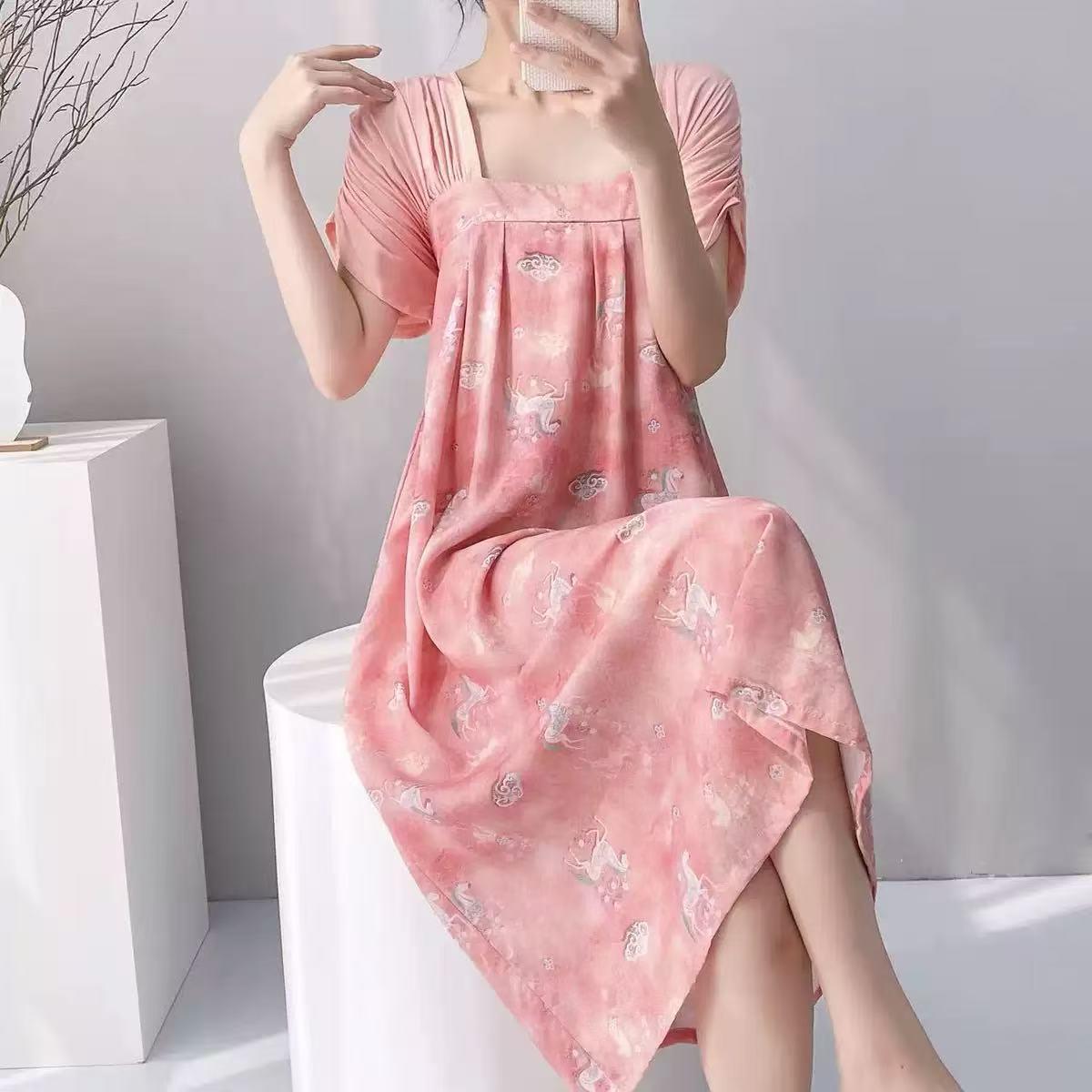 HEARMES 汉服短袖绵绸睡裙女夏季棉绸可外穿人造棉家居服国风裙子
