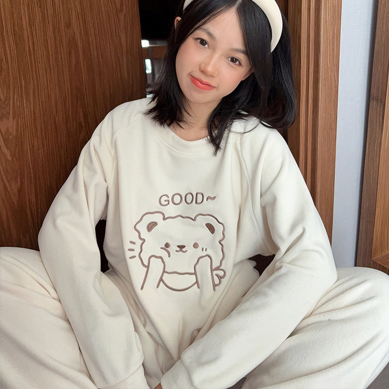HEARMES 捂脸小熊摇粒绒可爱卡通睡衣女秋冬薄绒可外穿家居服套装