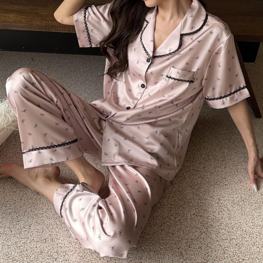 HEARMES 抓纹印花短袖家居服套装甜美蝴蝶结可外穿开衫翻领睡衣女