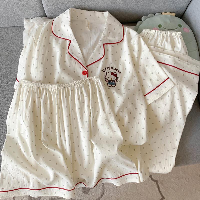 HEARMES helloKitty云朵棉纱布睡衣女短袖春夏季三件套日系ins可