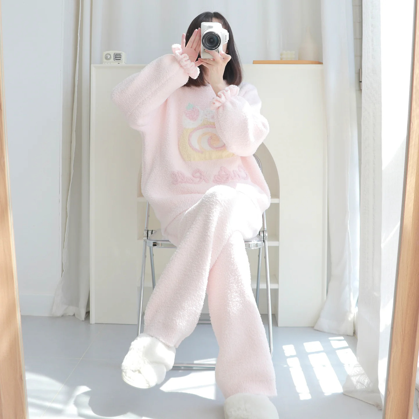 HEARMES 草莓蛋糕半边绒睡衣女款秋冬季加厚保暖珊瑚绒家居服套装