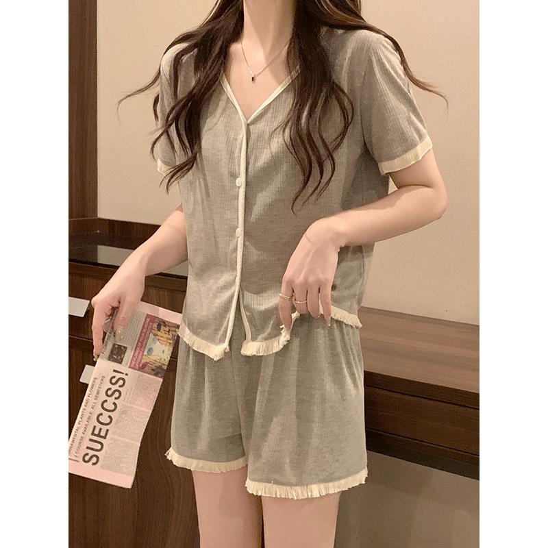 HEARMES 睡衣女夏季短袖纯棉小个子可爱简约灰色v领开衫两件套