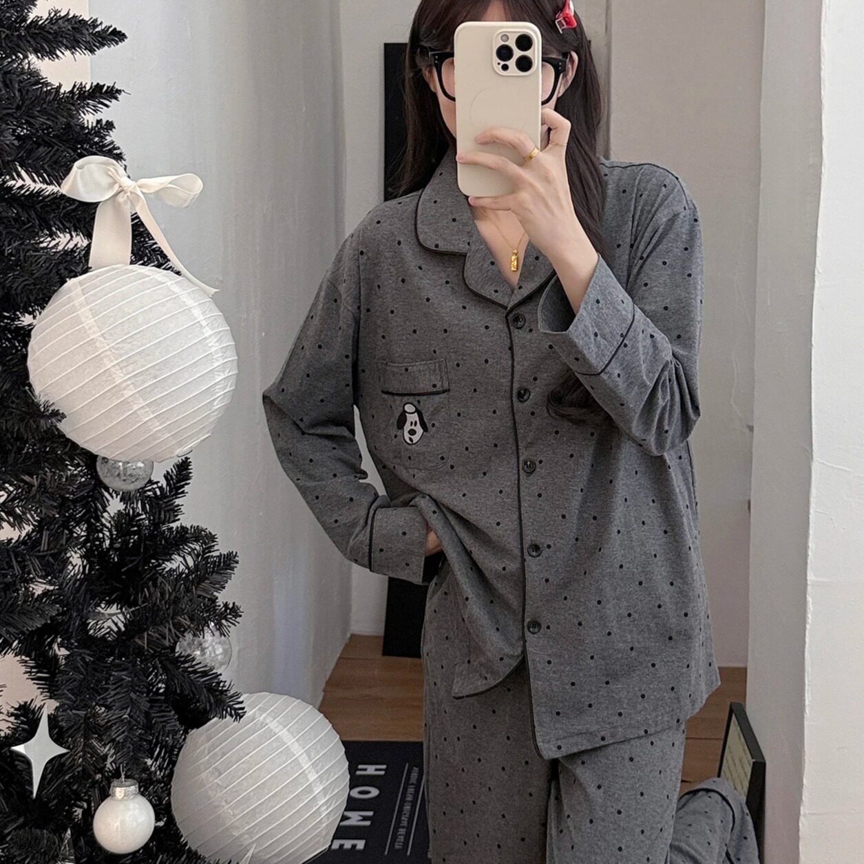 HEARMES 灰色波点小狗睡衣女纯棉长袖长裤情侣翻领家居服套装男年