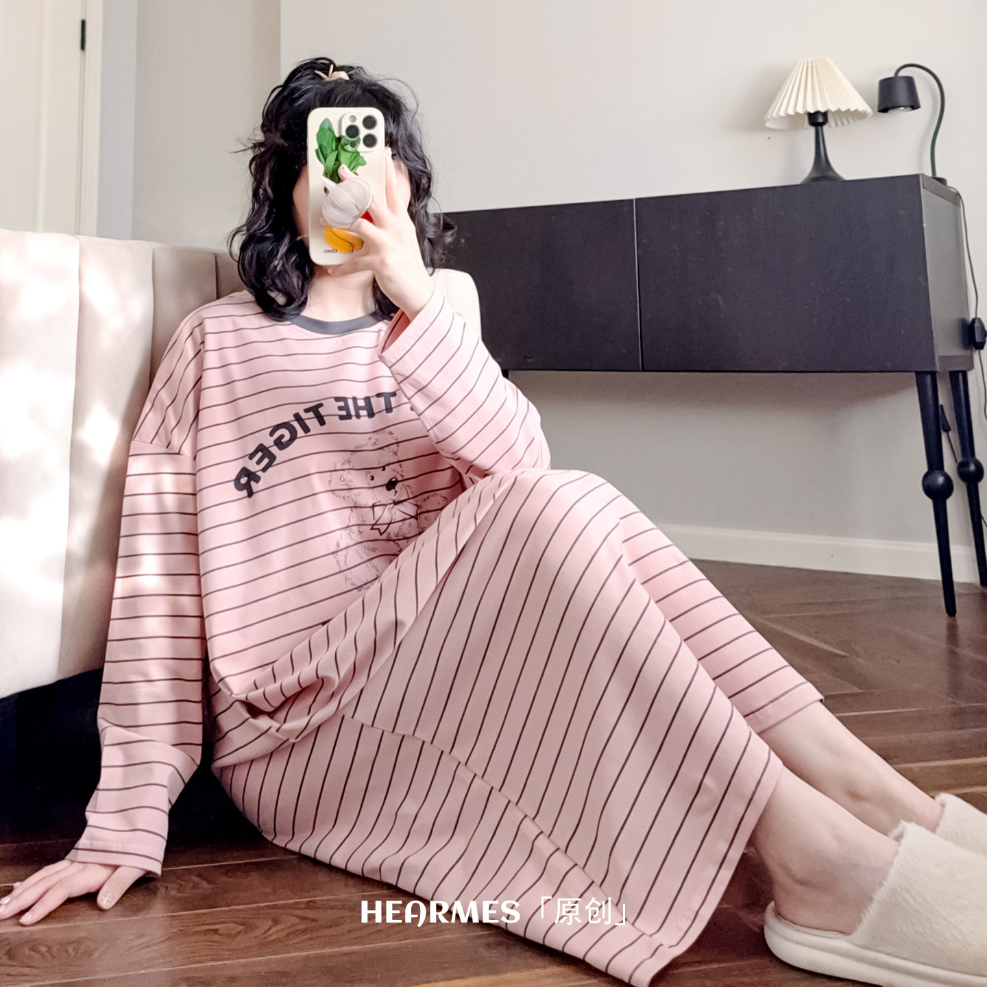 HEARMES 带胸垫小熊条纹睡裙女春秋季宽松大码孕妇胖MM可外穿睡衣