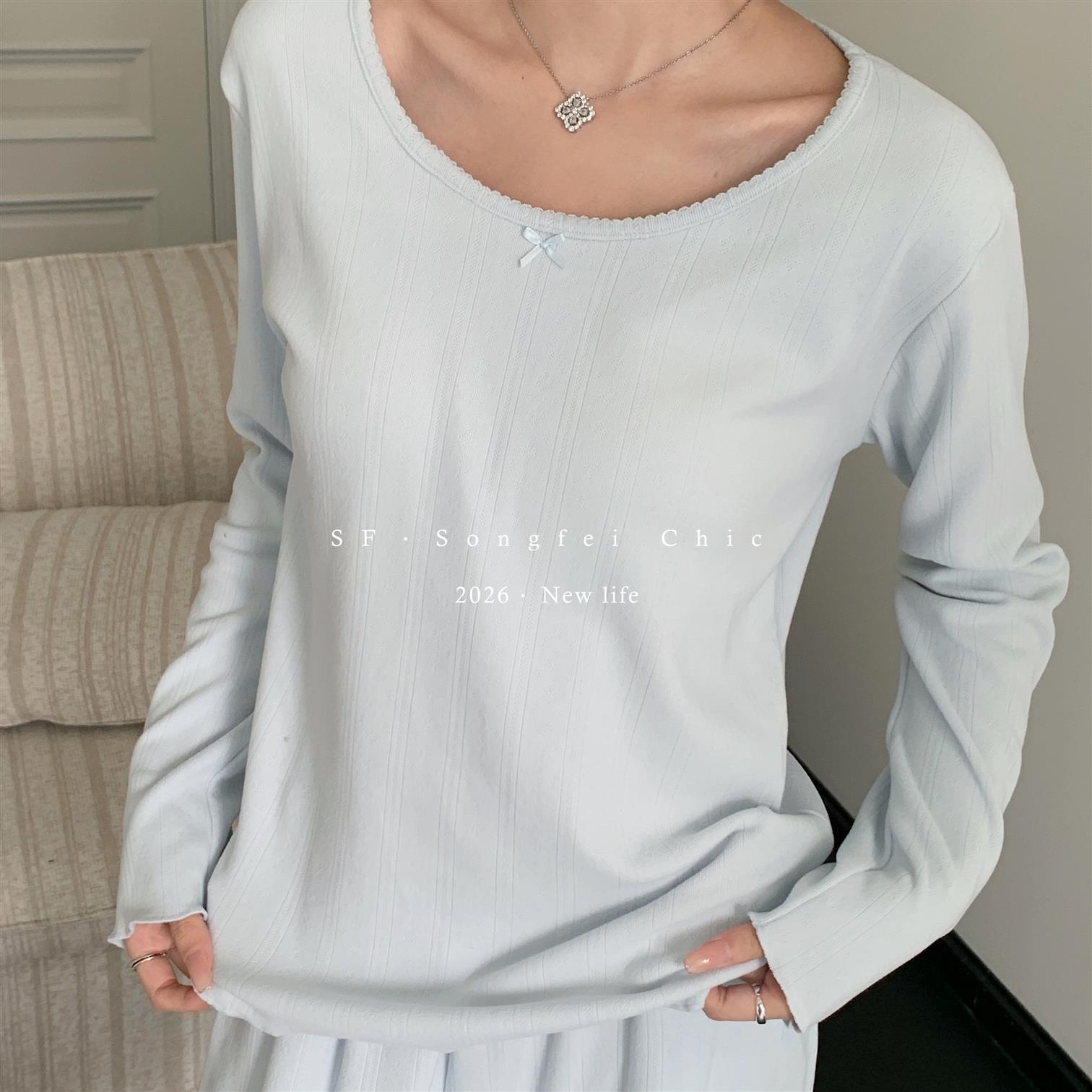 HEARMES 圆领提花磨毛睡衣套装带胸垫秋季长袖长裤家居服二件套带