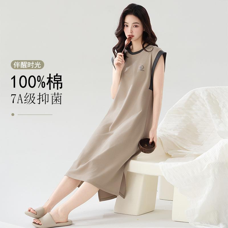 HEARMES A类抗菌纯棉女睡裙女夏季背心无袖连衣裙女中长款大码全