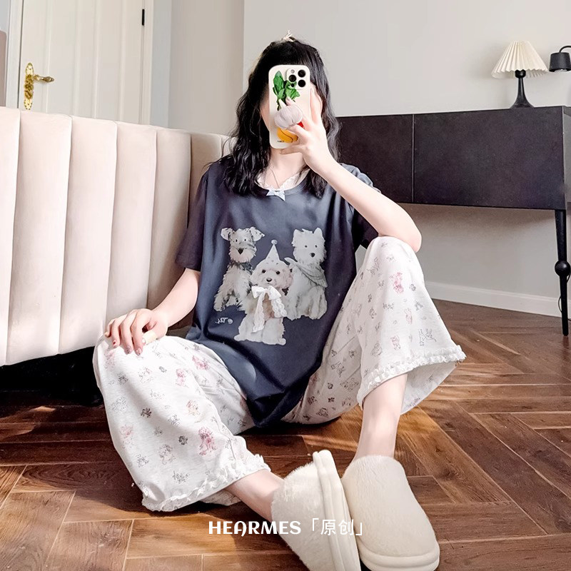 HEARMES 甜美蕾丝夏睡衣女纯棉短袖长裤日系薄款可外穿凉感家居服
