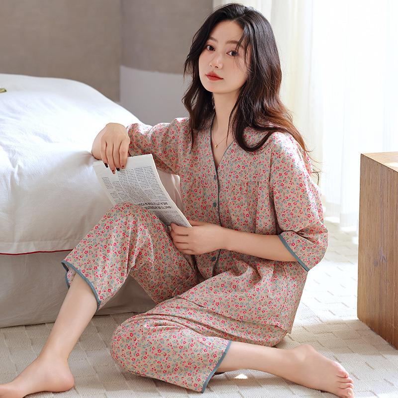 HEARMES 新款夏天纯棉梭织棉睡衣女七分袖夏季中年女款碎花家居服