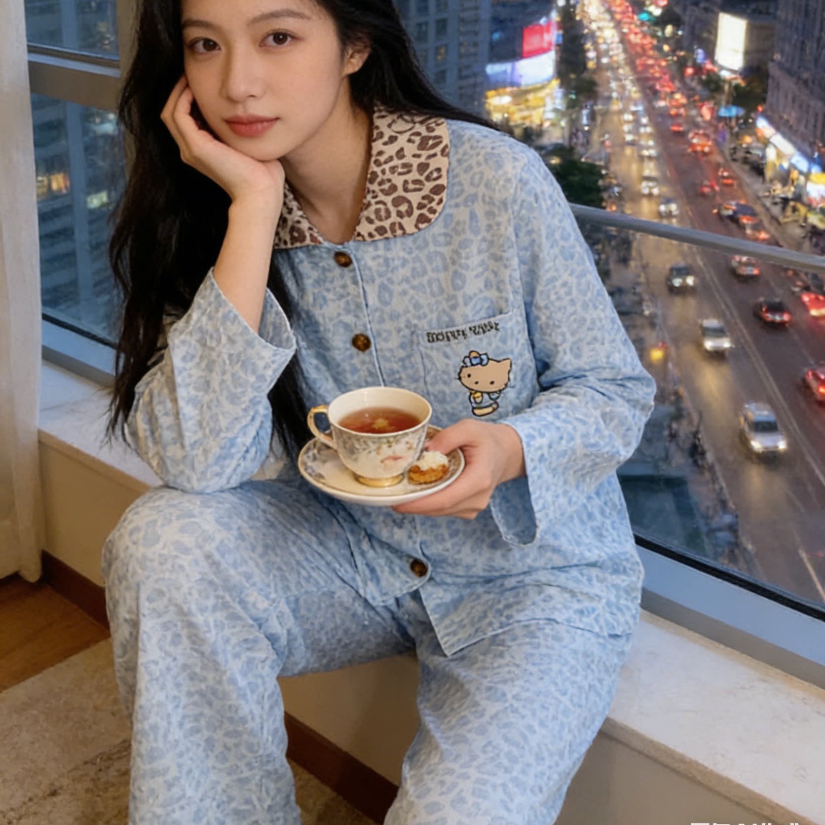 HEARMES 蓝色豹纹长袖长裤春秋季新款睡衣女带胸垫家居服可外穿