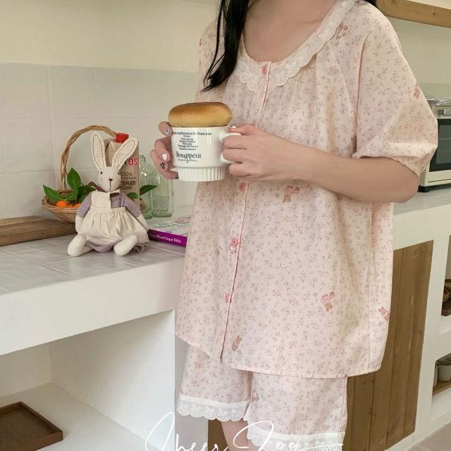 HEARMES 薄款纱布棉睡衣甜美可爱蕾丝边圆领短袖短裤家居服可外穿