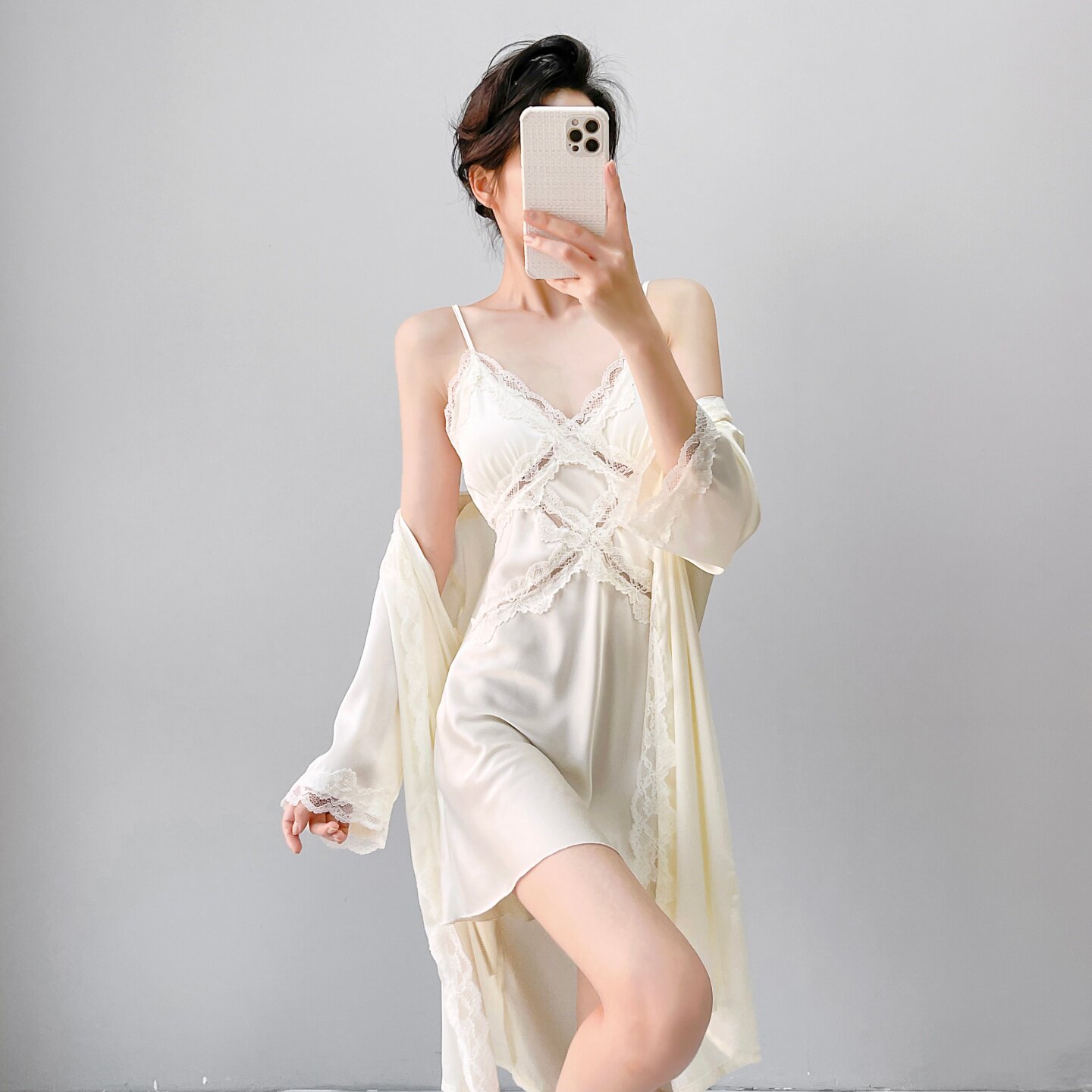 HEARMES 睡衣女春秋性感纯欲风带胸垫冰丝绸吊带蕾丝睡裙睡袍套装
