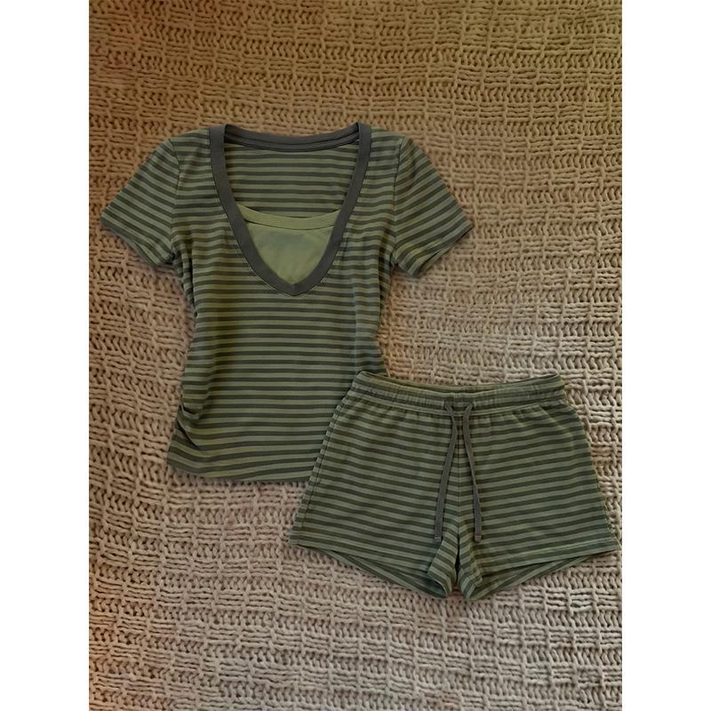 HEARMES 复古绿色条纹短袖睡衣女季韩系少女短裤家居服套装外穿