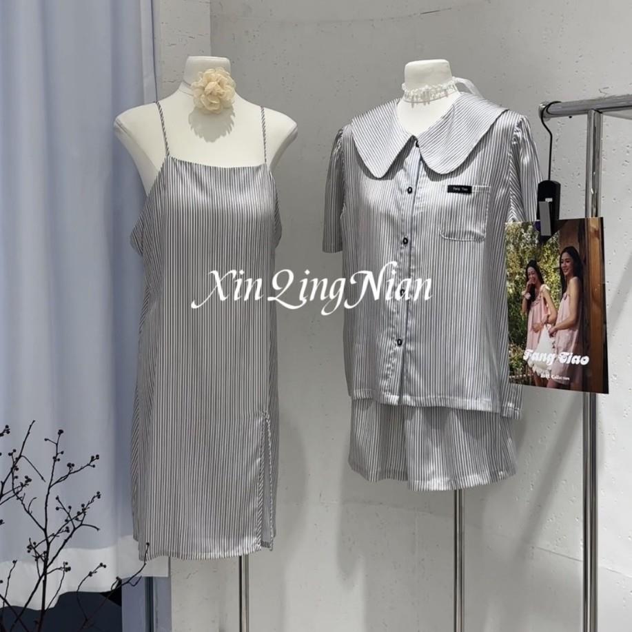 HEARMES 夏季女士睡衣薄款短袖短裤家居服细条纹高级感套装吊带裙