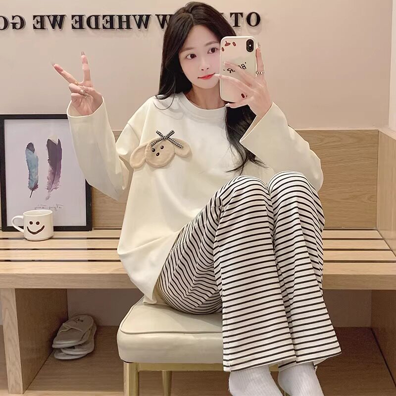 HEARMES 睡衣女春秋款条纹简约风秋冬季可外穿长袖长裤家居服套装