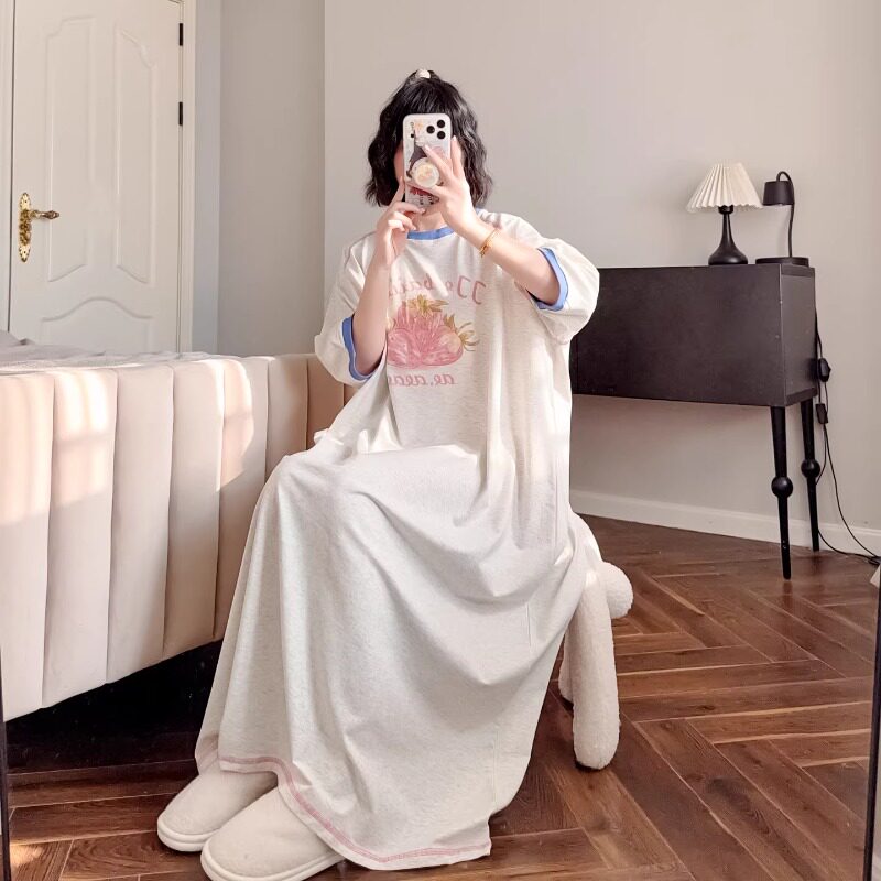 HEARMES 可爱草莓夏季睡裙女纯棉短袖宽松长裙全棉薄款睡衣家居服