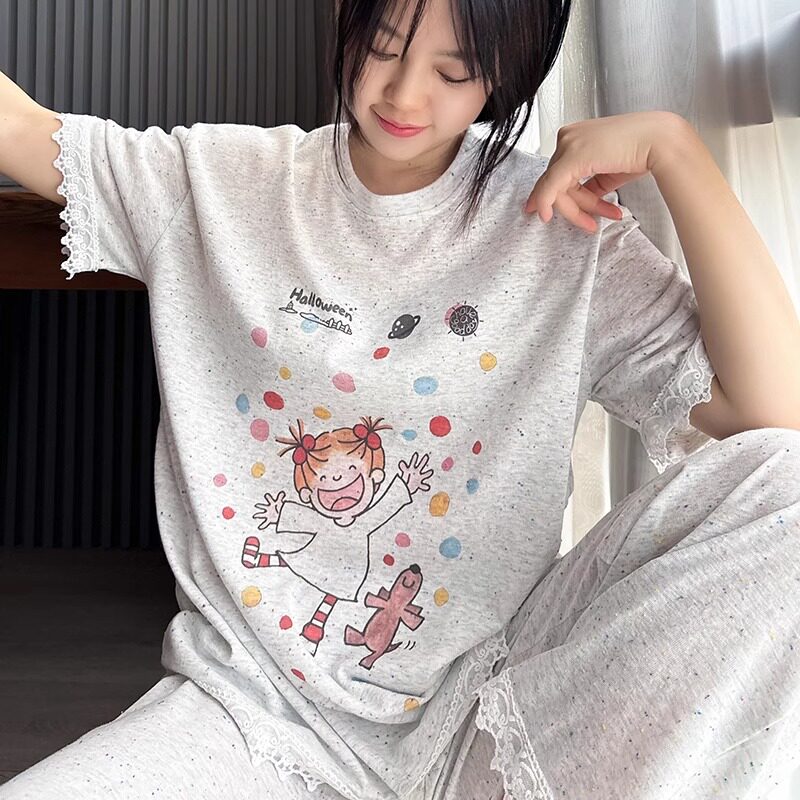 HEARMES 灰色泡泡女孩短袖长裤卡通印花纯棉睡衣女春夏休闲家居服