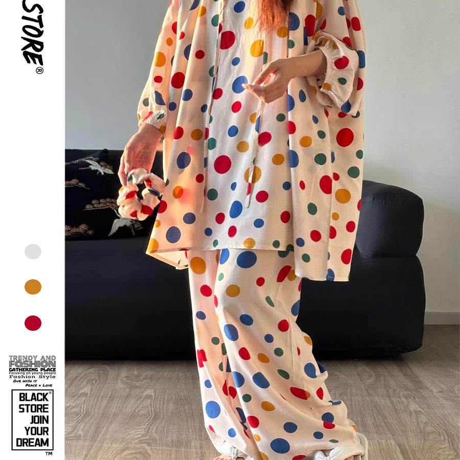 彩色波点绵绸睡衣女款2024新款秋季宽松七分袖长裤家居服套装夏天