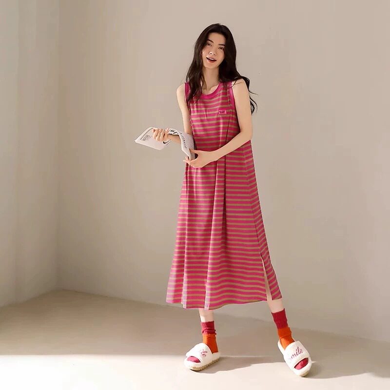 HEARMES 莫代尔无袖背心带胸垫睡裙女2026新款夏条纹多巴胺连衣裙