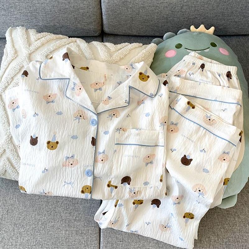 HEARMES 可爱小狗睡衣女春秋款纯棉云朵棉纱开衫夏季家居服套装