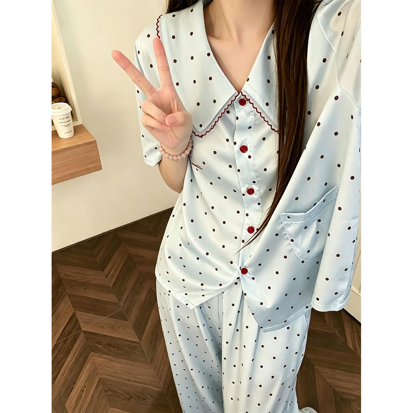 HEARMES 桑蚕丝真丝波点睡衣女2026夏季公主风甜美短袖长裤家居服
