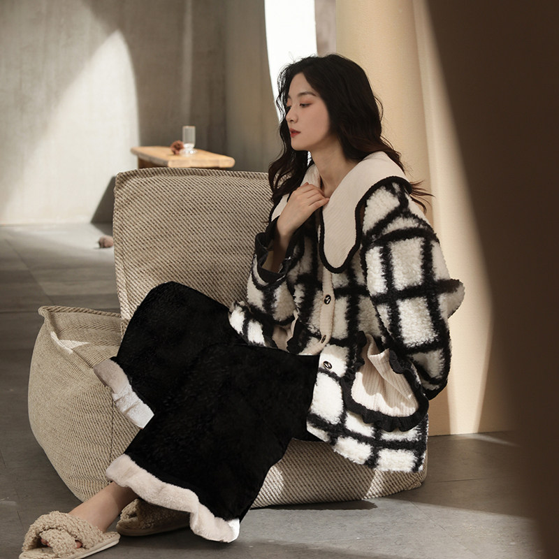 HEARMES 珊瑚绒睡衣女秋冬季加绒加厚女士保暖可外穿家居服套装
