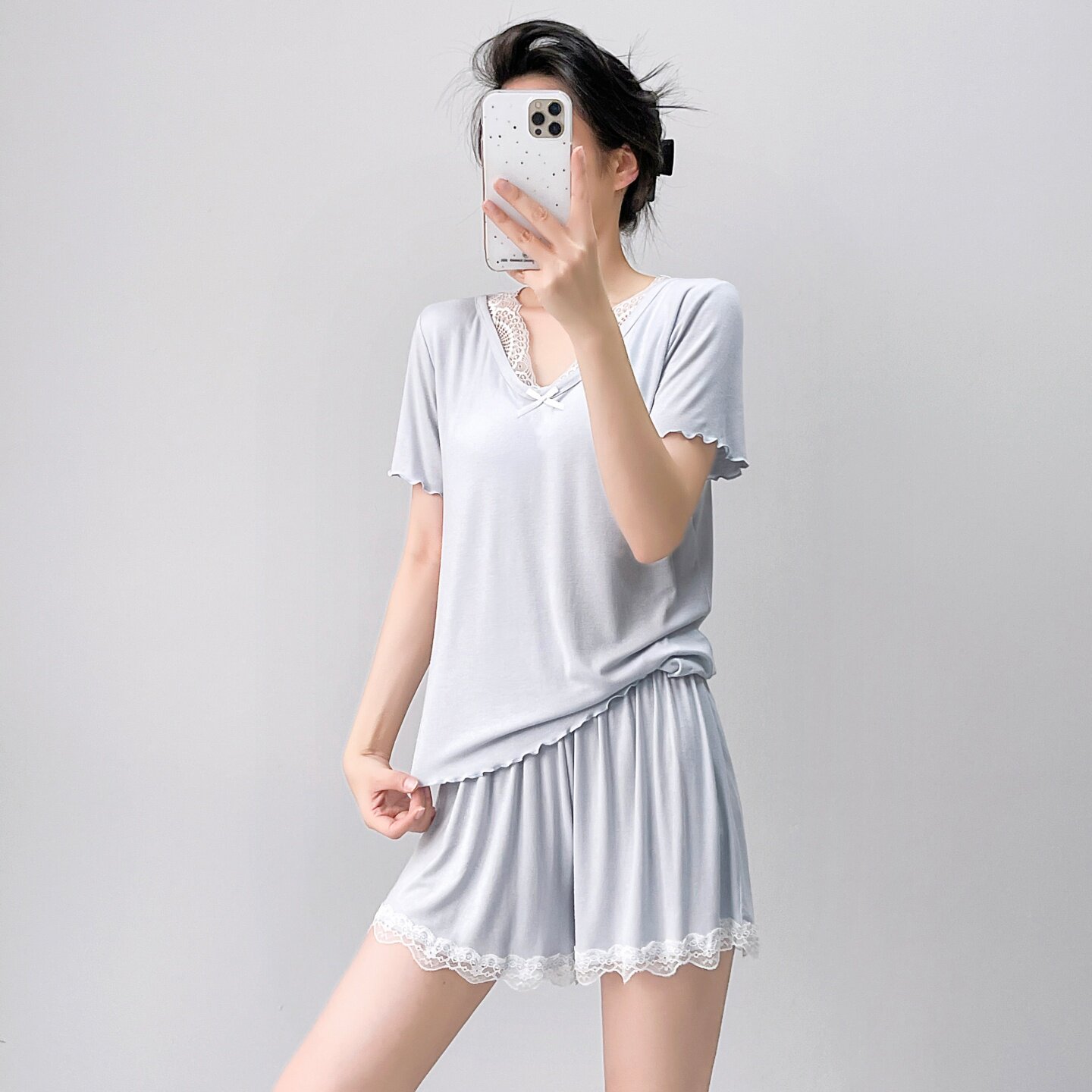 HEARMES 睡衣女夏季莫代尔带胸垫短袖短裤套装蕾丝花边可外穿家居