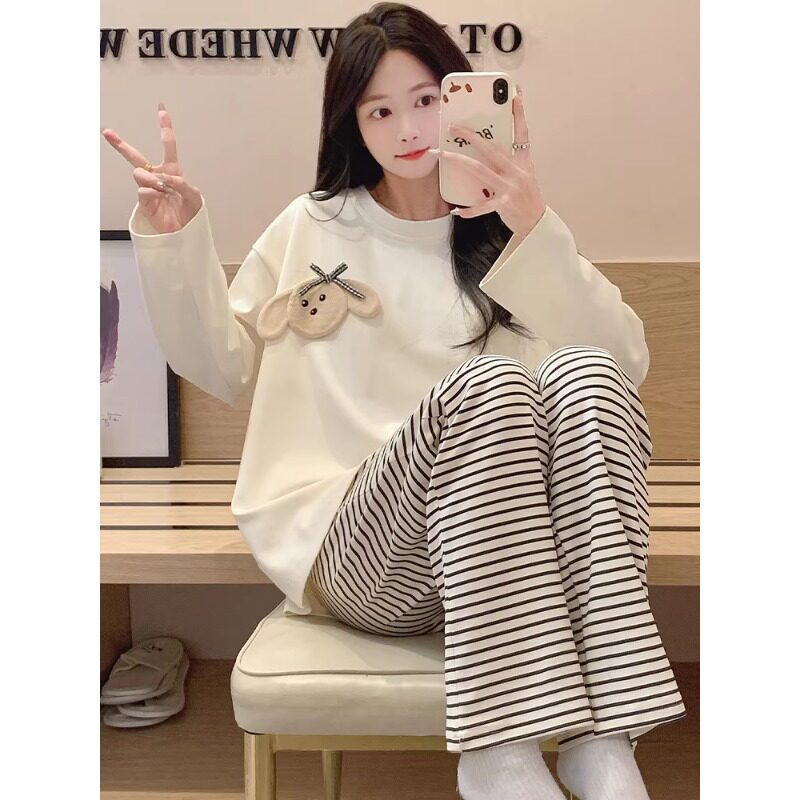 HEARMES 睡衣女春秋款条纹简约风秋冬季可外穿长袖长裤家居服套装