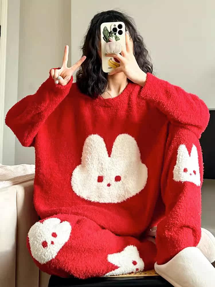 HEARMES BIG RED YEAR OF THE RABBIT PAJAMAS WOMENS AUTUMN AND WINTER SOFT NATAL YEAR THICKENED CUTE BUNNY LOUNGEWEAR