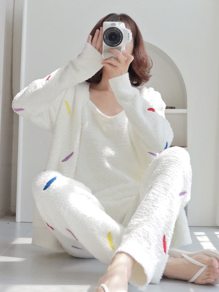 HEARMES JAPANESE PAJAMAS WOMENS FALL|WINTER CORAL DOWN FEATHER THREE-PIECE WINTER THICKENED FLEECE LOUNGEWEAR