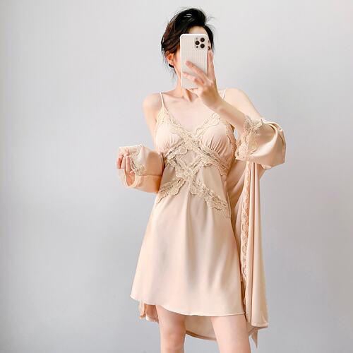 HEARMES 睡裙女春秋性感纯欲带胸垫冰丝绸吊带睡衣睡袍两件套家居