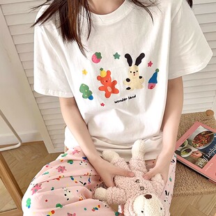 HEARMES 韩国斑点狗睡衣女款夏短袖短裤长裤宽松休闲三件套家居服